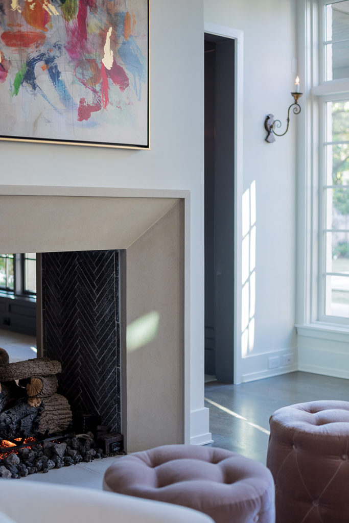 fireplace with limestone mantel, 2-sided gas log fireplace